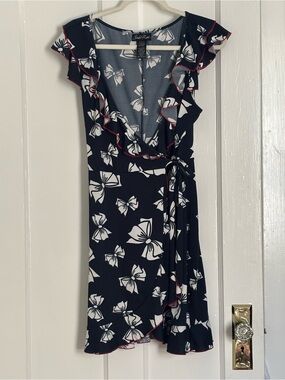 Sea New York Navy and White Floral Wrap Mini Dress with Ruffle Trim